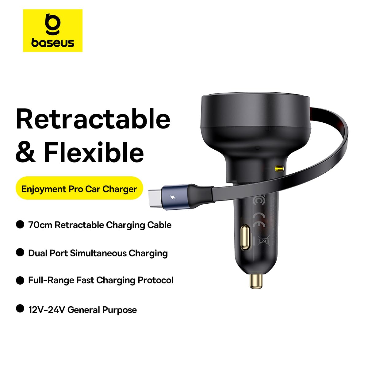 Baseus Enjoyment Pro Cargador de Coche con Cable Tipo-C Retráctil 60W, Negro