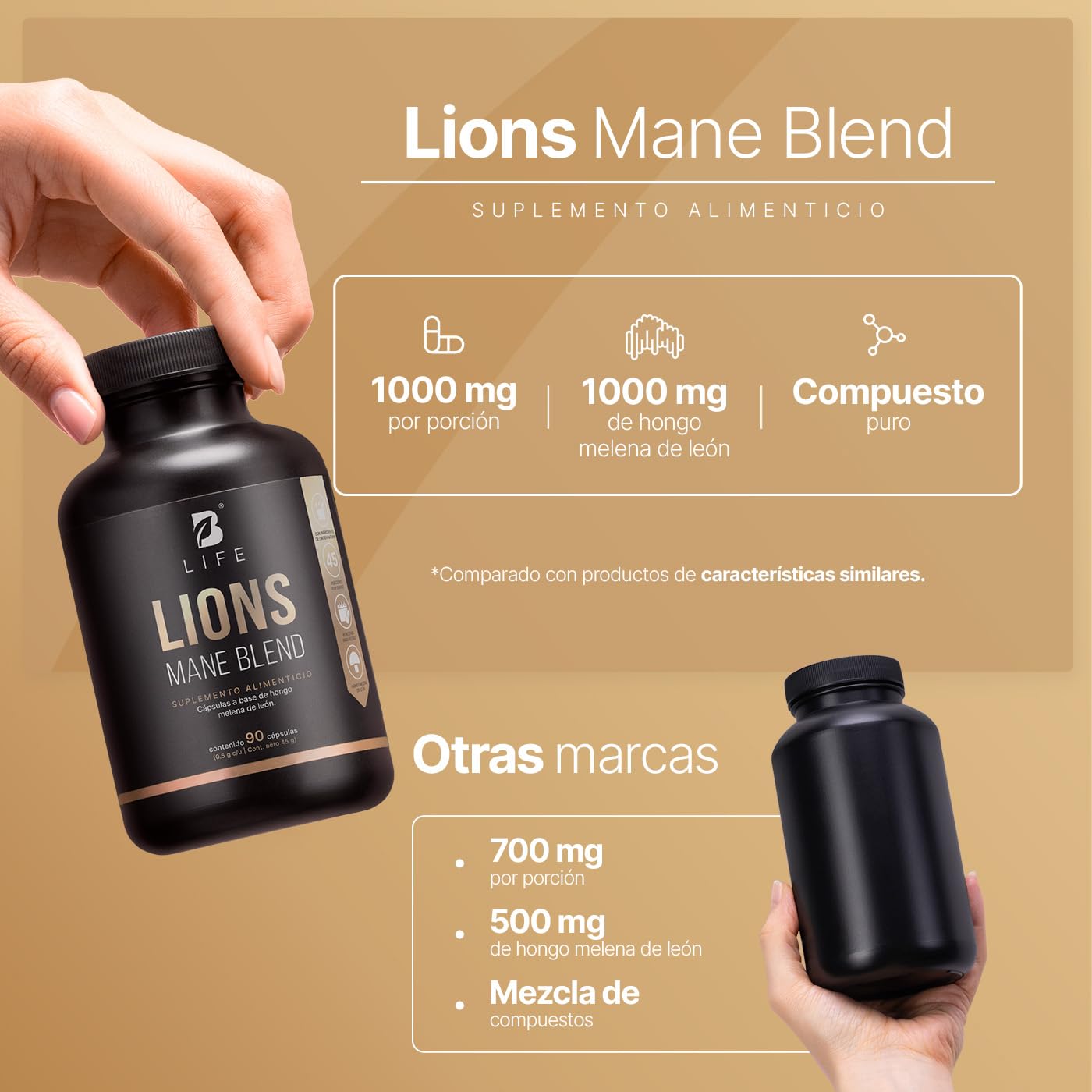 Hongo Melena de León Puro 90 Cápsulas 1000 mg por porción. Ingredientes naturales. Lions Mane Blend B Life.