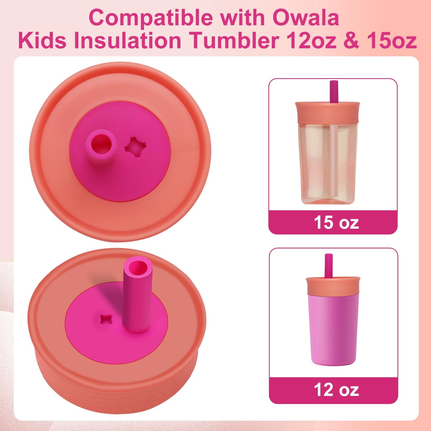 PHULWEL - Paquete de 2 tapas de repuesto para Owala Kids - Vaso aislante de 12 onzas y 15 onzas, tapa resistente a derrames con 4 popotes flexibles, sin BPA, apto para lavaplatos, accesorios para