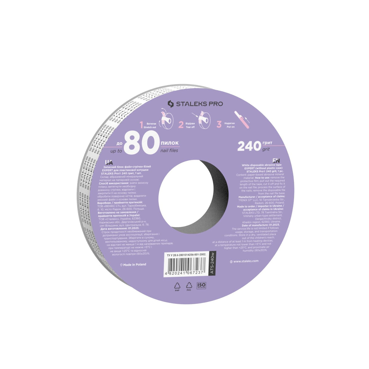STALEKS Pro Bobbinail - Lima desechable, color blanco, autoadhesiva, rollo Expert, para dispensador de limas de donut, grano 240, 6 m