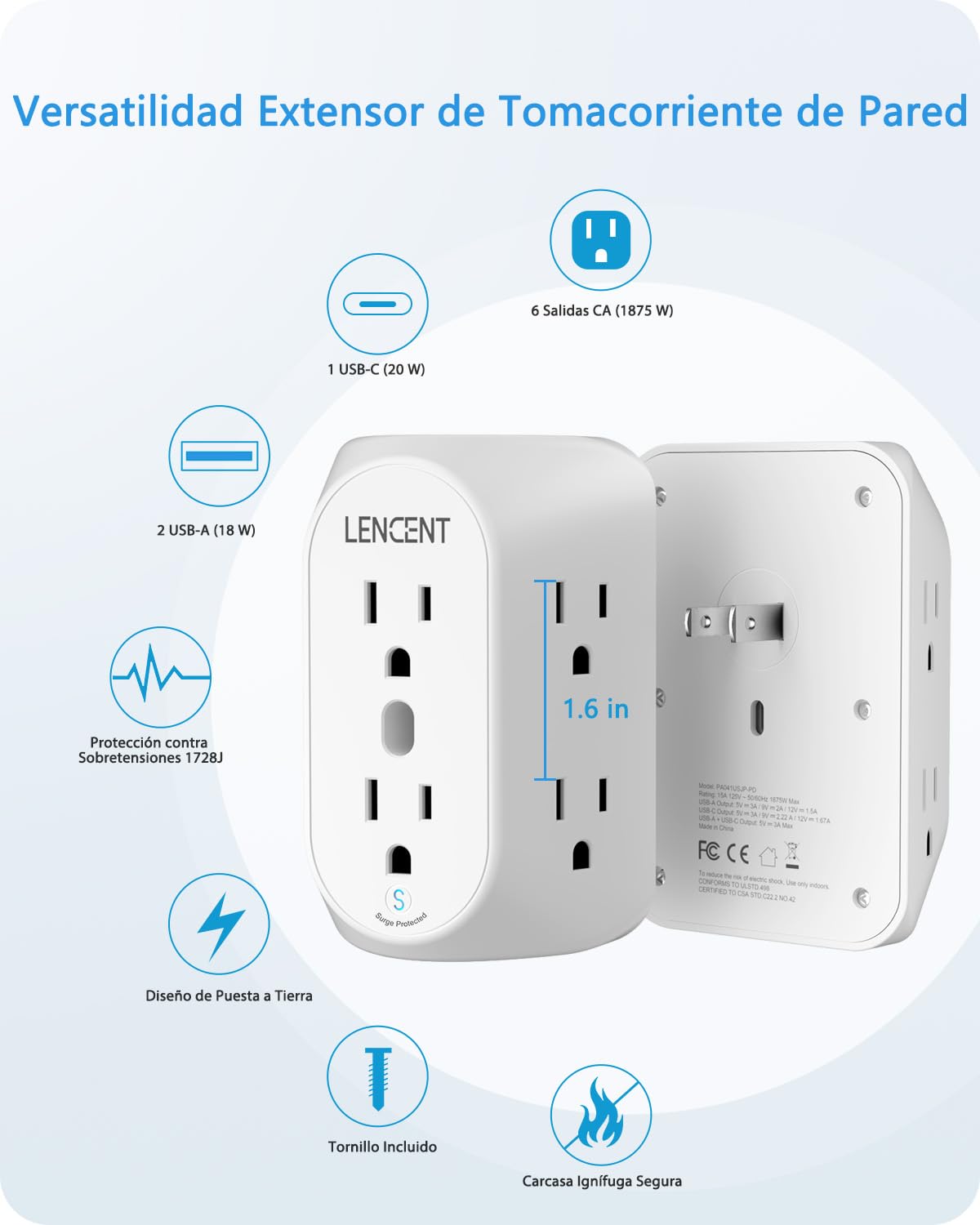 LENCENT Multicontacto Pared USB, Adaptador de Enchufe 3 a 2 Clavijas con 6 Tomas AC, Puerto PD 20W y 2 Puertos USB A, 1728J Protección contra Sobretensiones, Contactos de Pared para Hogar Oficina