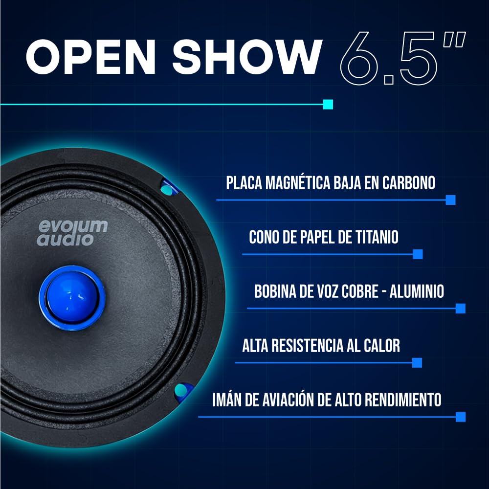 Evolum Audio - Kit Bocinas Medio Rango - Sonido Claro y Potente - Cono de Papel de Titanio - Potencia RMS de 150 W - Materiales de Calidad - Fácil Instalación - Modelo Open Show (6.5 in)
