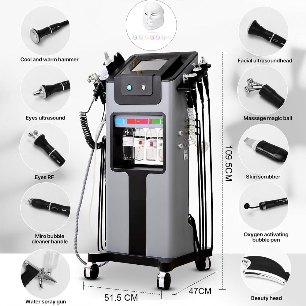 11 en 1 Máquina Facial de Oxígeno de Hidrógeno, Dispositivos de Belleza de Rociador de Pie con Rueda, Diamante Dermoabrasión, Máscara Facial LED,para Mejorar de los Dispositivos de Celulitis