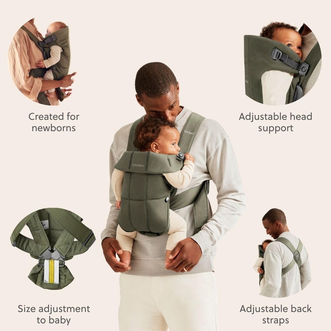 BabyBjörn Canguro Portabebé Mini, Tejido, Verde oscuro | Para recién nacidos, de 0 a 12 meses (3.2–11 kg), ergonómico y fácil de usar