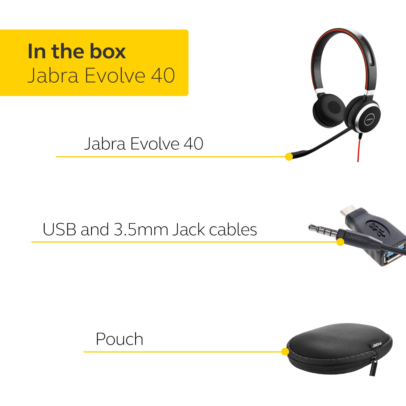Jabra Evolve 40 - Auriculares con Cable Profesionales, estéreo, optimizados para MS, Auriculares de teléfono para Mayor productividad, Sonido Superior para Llamadas y música, conexión Jack/USB de 3.5