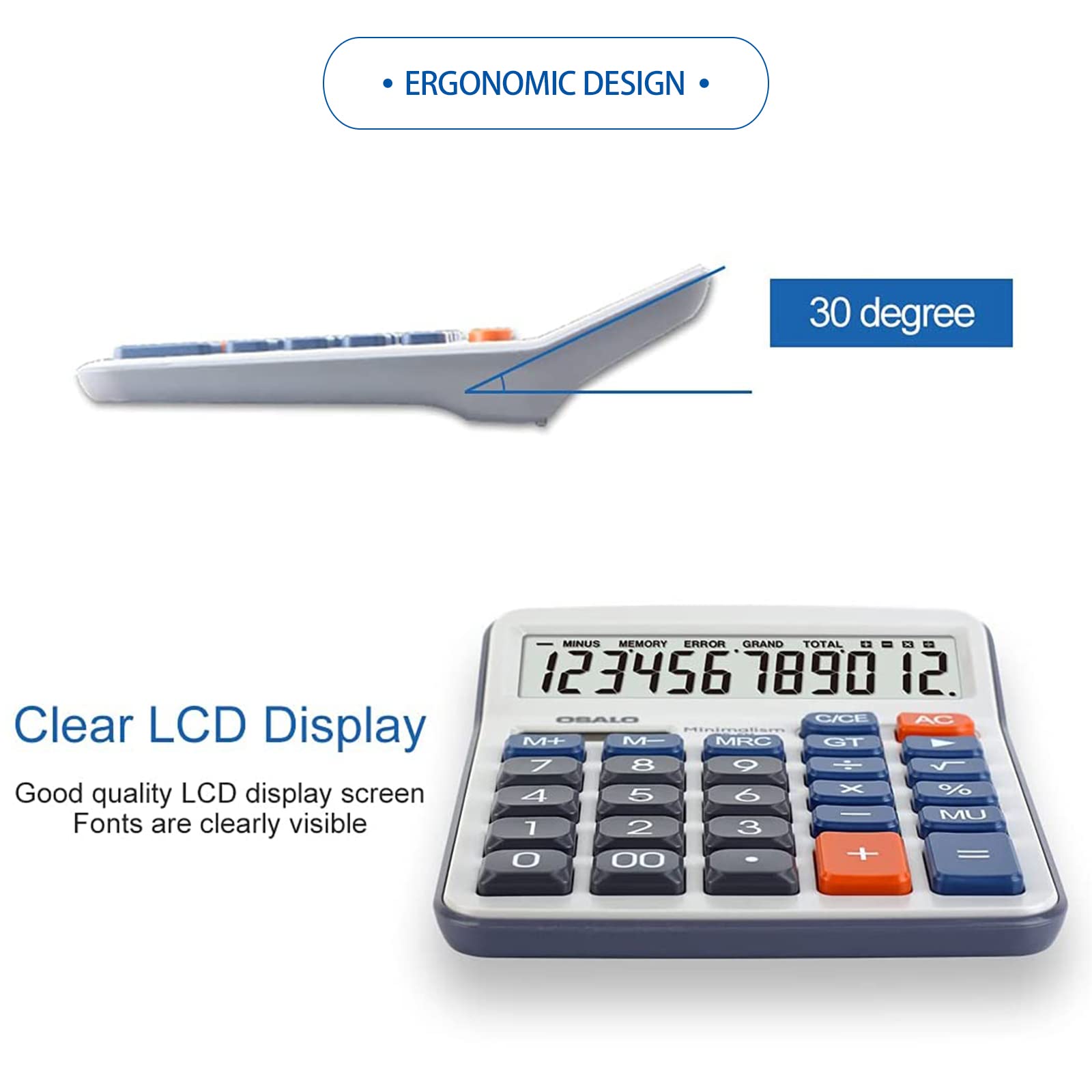 Calculadora de escritorio Pantalla LCD grande Número de 12 dígitos Calculadora básica de bolsillo portátil de mano con botón sensible grande, para uso en la oficina, el hogar y la escuela (OS-6M)
