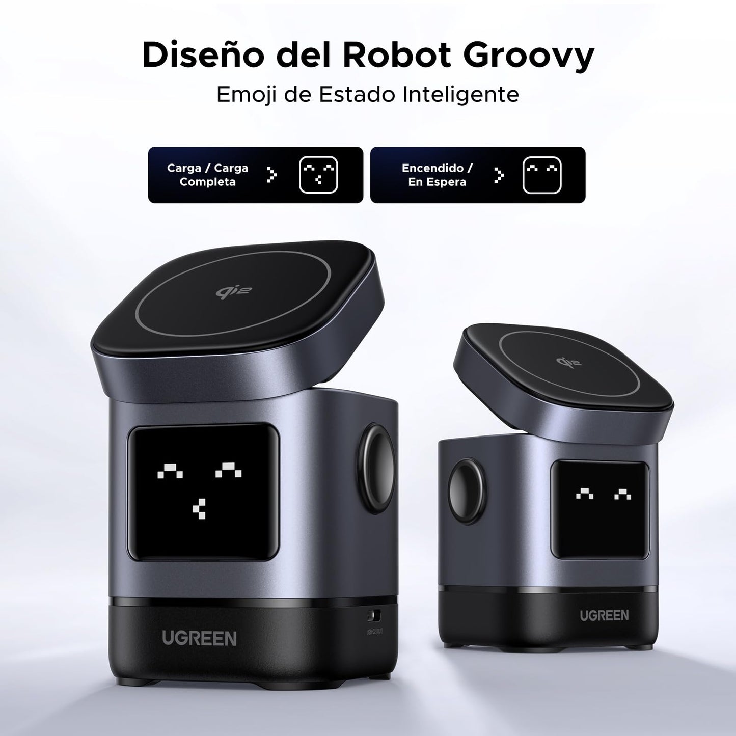 UGREEN UNO Cargador Inalámbrico 2 en 1 15W Qi2 Certificado, Carga Inalámbrica Magnético Compatible con iPhone 16/15/14/13/12, AirPods 2/3, Soporte Cargable Ajustable en Ángulo Con Emoji de Inteligente