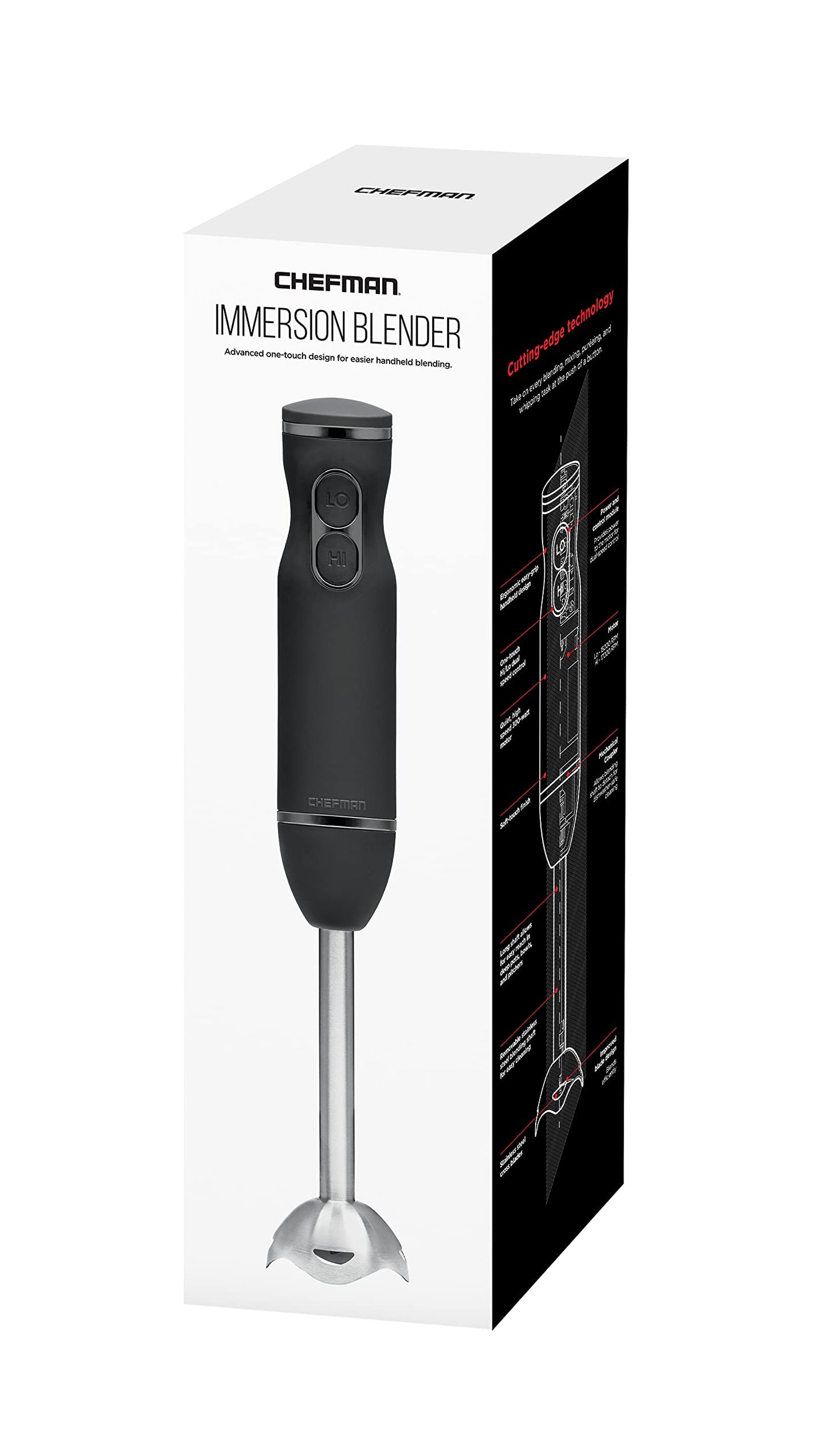 Chefman - Batidora de mano de inmersión, eléctrica, potente, cuchillas de acero inoxidable, para triturar hielo, control de 2 velocidades, para purés, batidos, malteadas, salsas, sopas, color negro