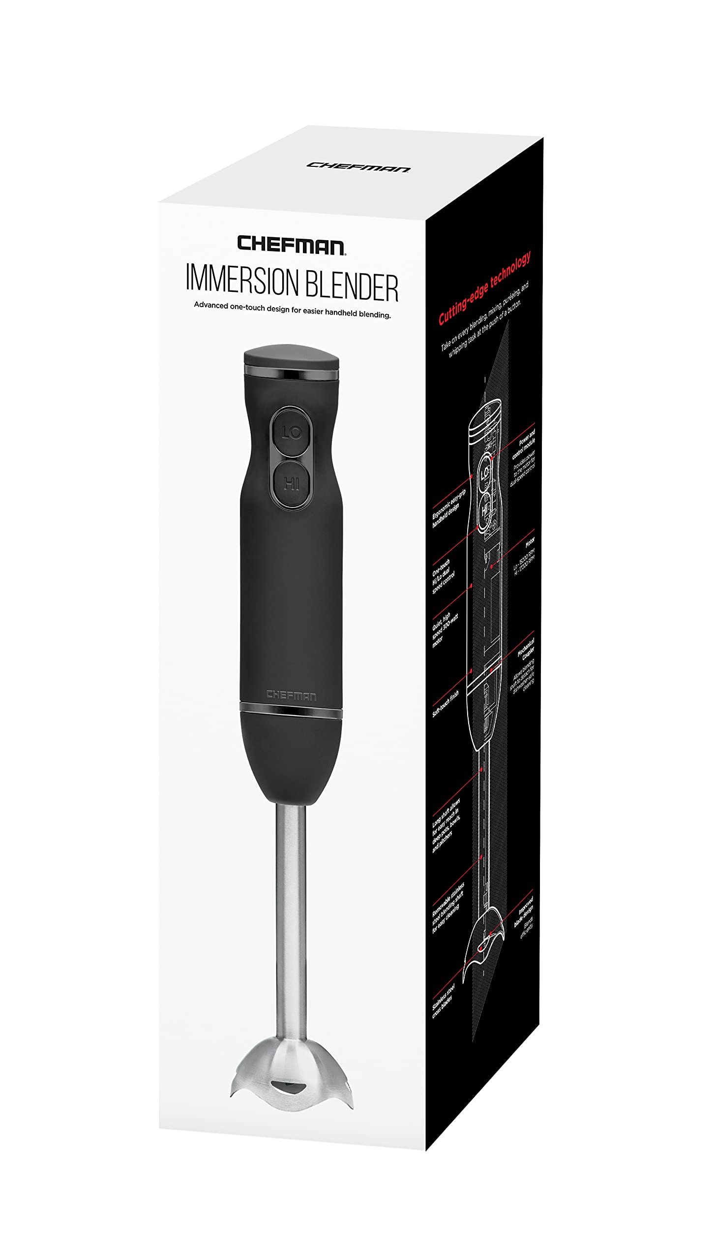 Chefman - Batidora de mano de inmersión, eléctrica, potente, cuchillas de acero inoxidable, para triturar hielo, control de 2 velocidades, para purés, batidos, malteadas, salsas, sopas, color negro