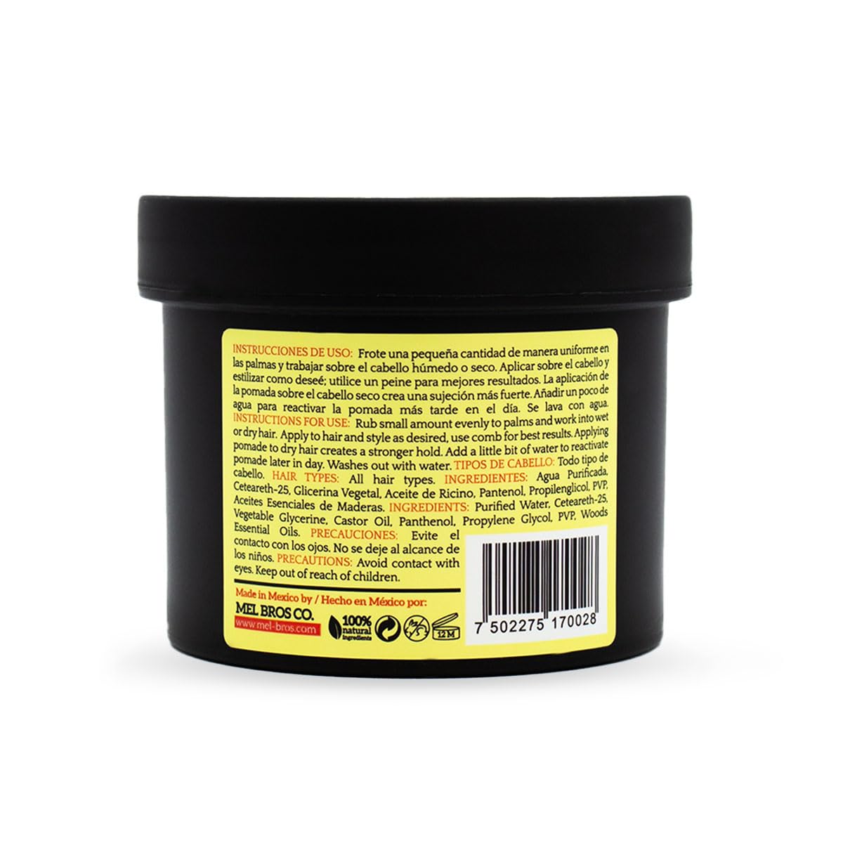 MEL BROS CO. - Hair Styling Pomade - Pomada para estilizar el Cabello. Base Agua. (4 oz / 118 ml, Media Fijación)