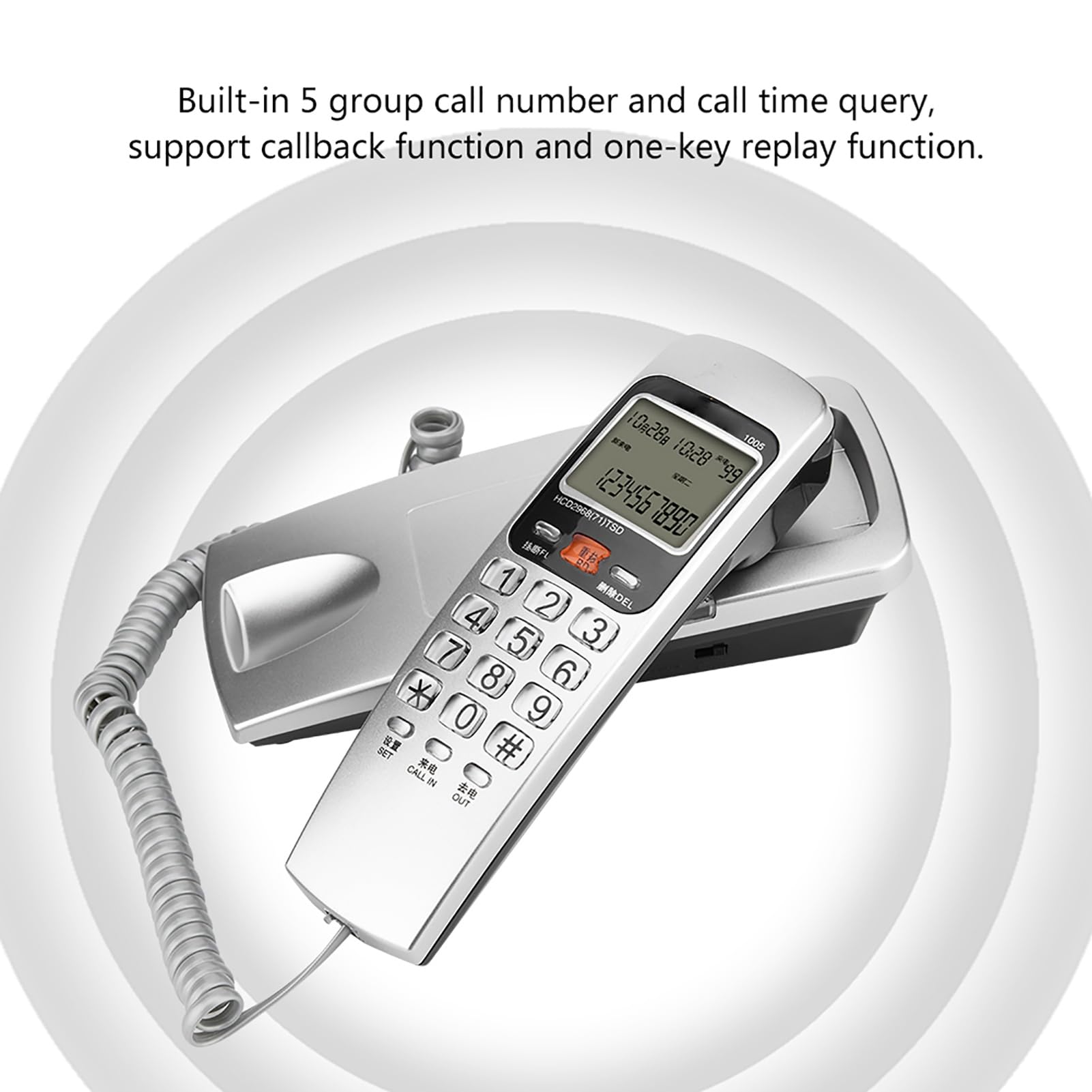 Teléfono Fijo,Teléfono FSK/DTMF Identificador de Llamadas, Teléfono con Cable, Teléfono Puesto en Línea Fija, Teléfono de Extensión de Moda para Casa(Plata)