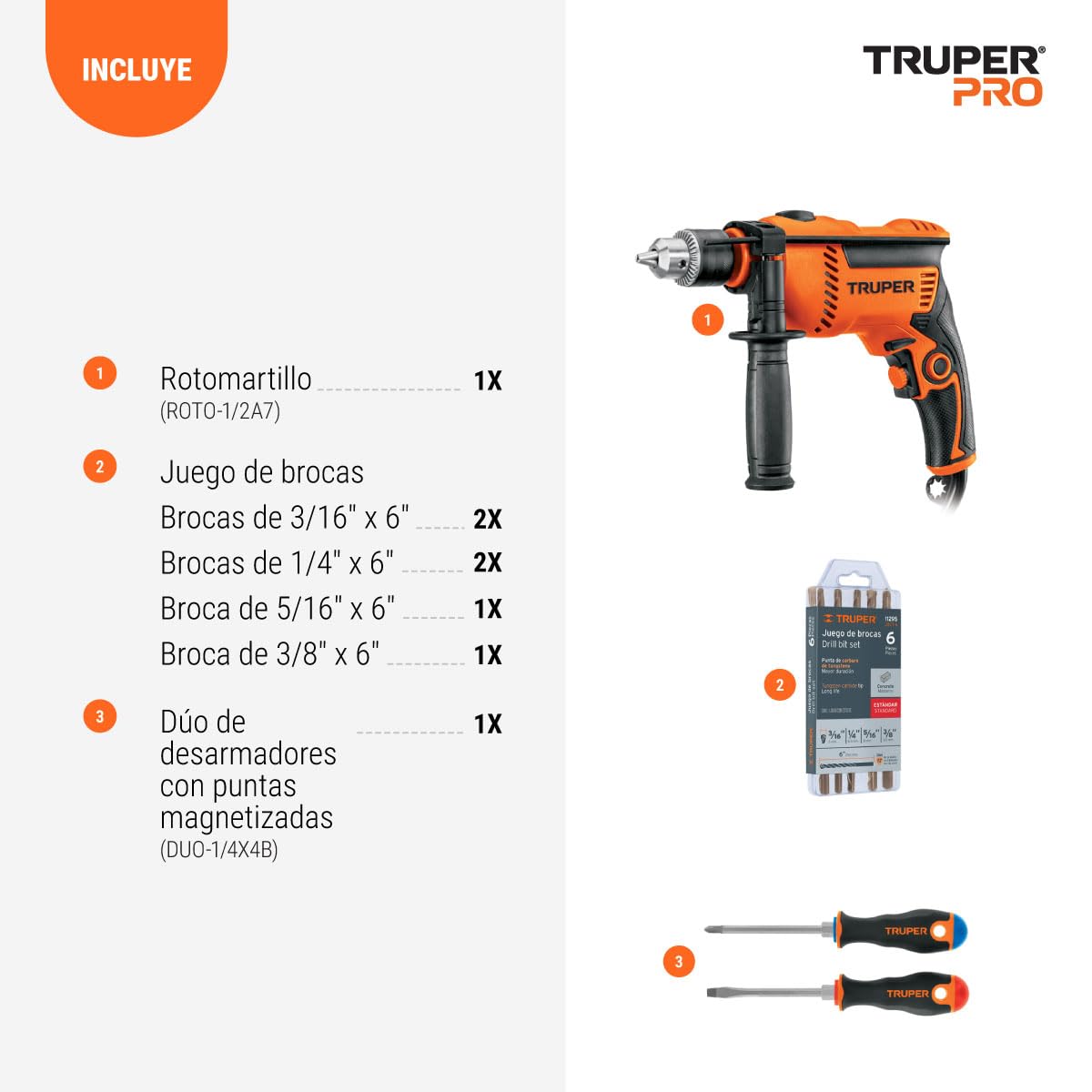Truper COMBOR-1/2A7, Combo rotomartillo 600W con brocas y desarmadores