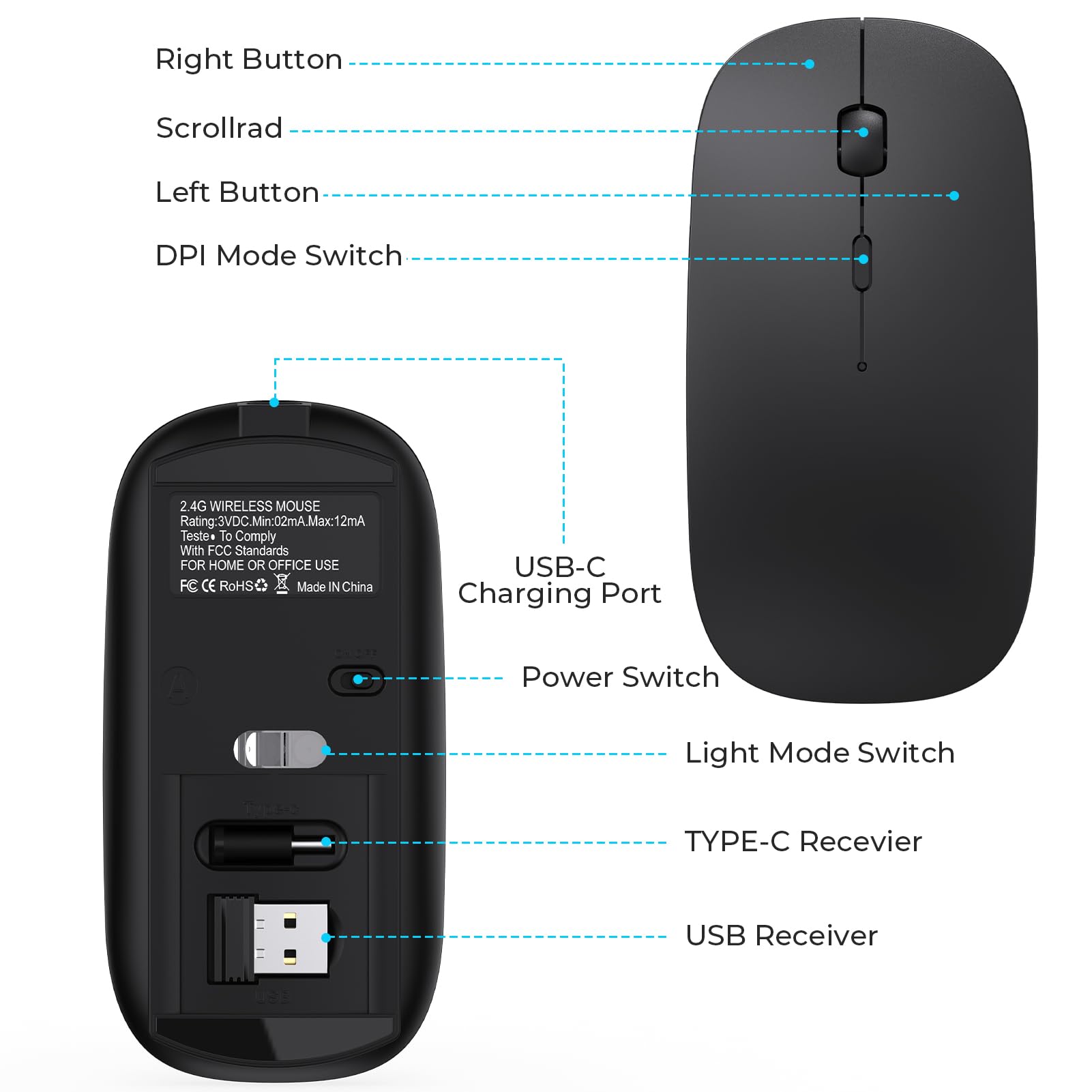 cimetech Ratón inalámbrico Receptor USB A y Tipo C, Clic silencioso, Recargable Tipo C, Revestimiento de Goma Suave al Tacto, ratón de Viaje Delgado para Ordenador portátil MacBook Air/Pro -Negro