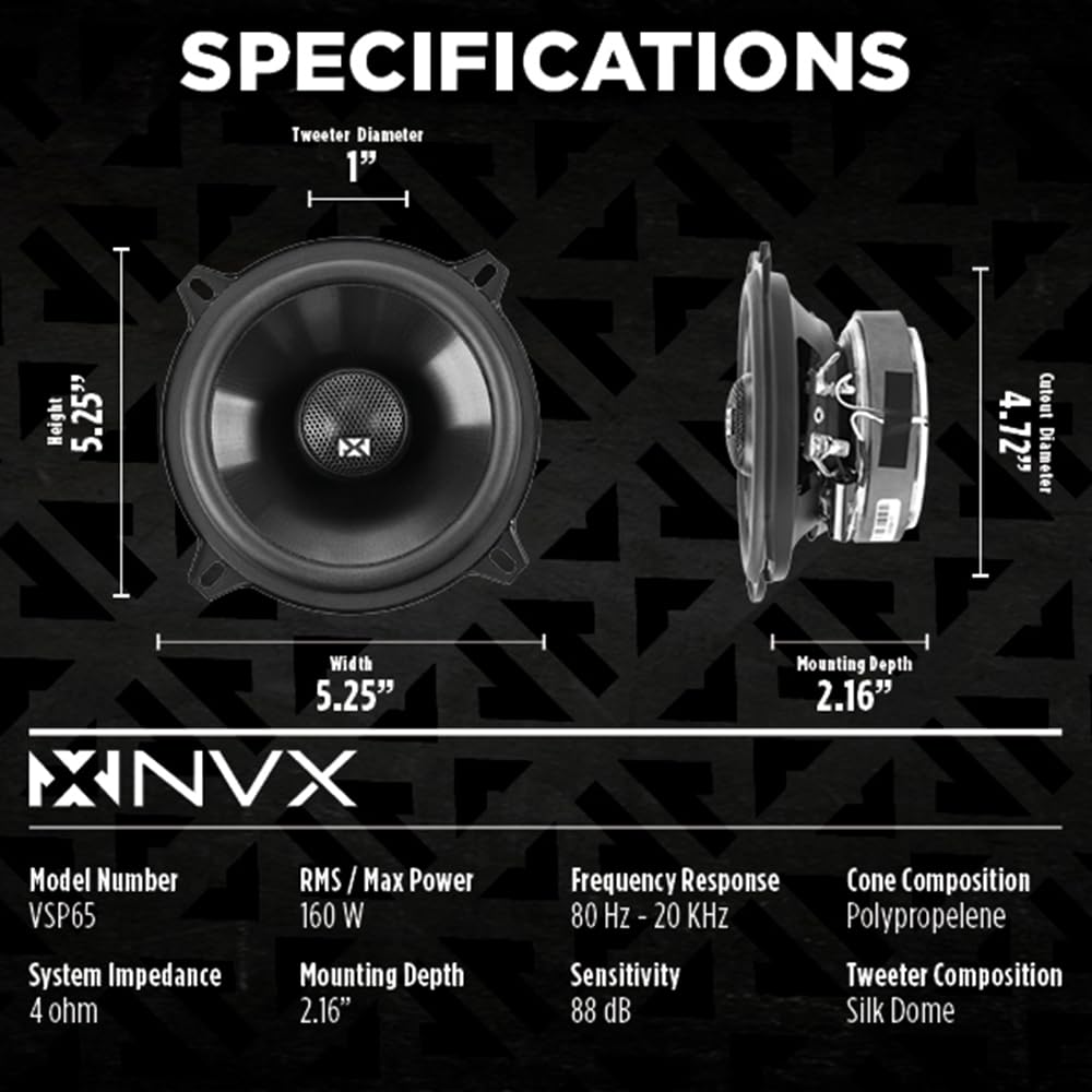 Bocinas Coaxiales para Auto NVX 5.25" V-Series con Tweeters de Domo de Seda 80W RMS (Set de 2)