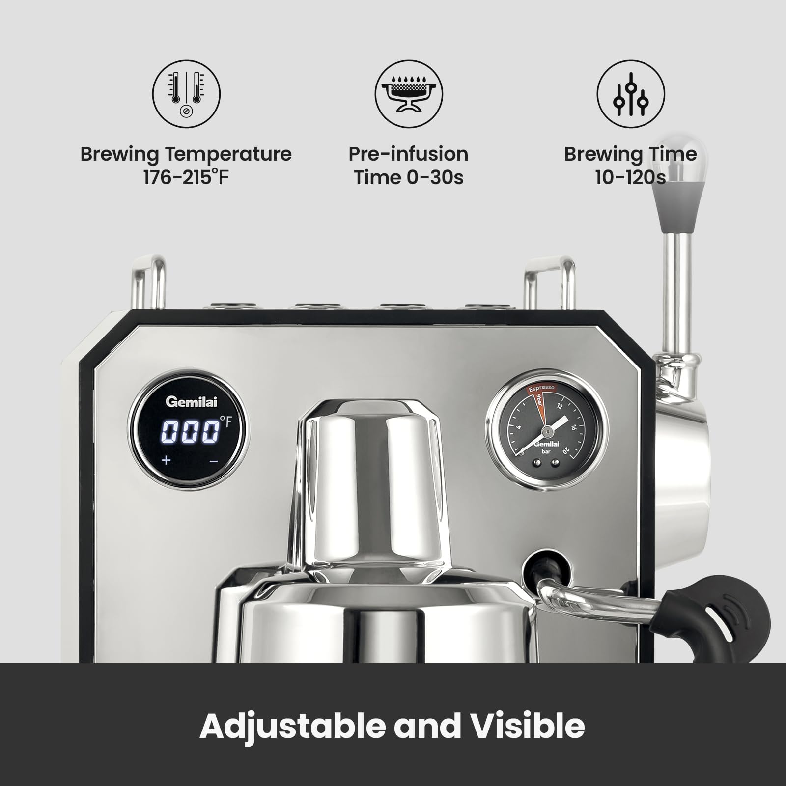 Máquina de café expreso, máquina de café espresso semiautomática profesional de 15 barras con espumador de leche y tanque de agua extraíble de 64 onzas, doble visualización, para capuchino, café con