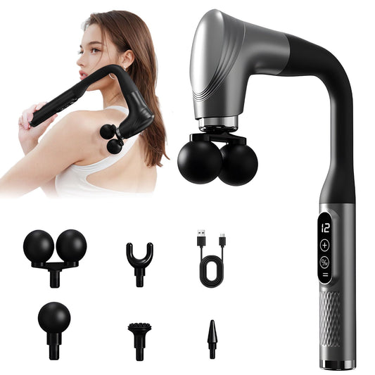 UIORHBQ Pistola de Masaje con Mango Extensión, Massage Gun de Espalda de Doble Bola para Aliviar el Dolor de Tejido Profundo, 5 Cabezales de Masaje y 12 Niveles de Velocidad,para Espalda Cuello Hombro