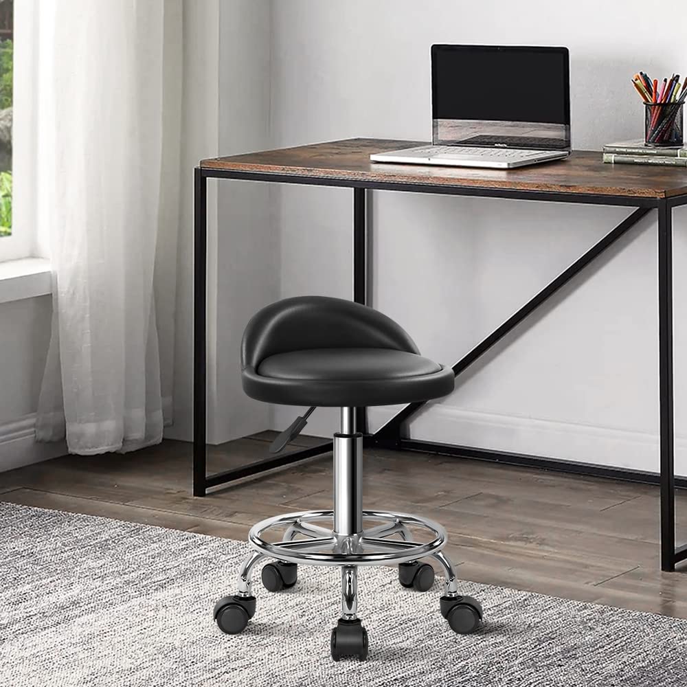 KKTONER Taburete de Cuero Artificial con Respaldo Giratorio Taburete con Ruedas de Altura Ajustable con Ruedas para Pintar Tatuaje Masaje SPA Tienda Taburete de Trabajo con Pedal (Negro)