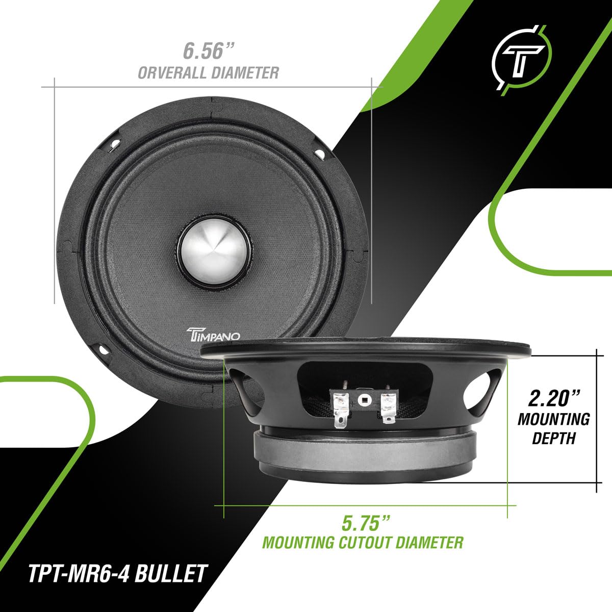 Altavoz de Rango Medio TIMPANO TPT-MR6-4 Pro Audio 6.5 Pulgadas para Coche 4 Ohms 125 Vatios RMS 250 Vatios Continuos