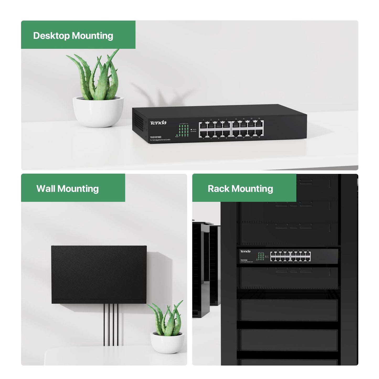 Tenda TEG1016D Switch Gigabit Ethernet de 16 Puertos, 10/100/1000 Mbps, Capacidad de Comunicación 32 Gbps