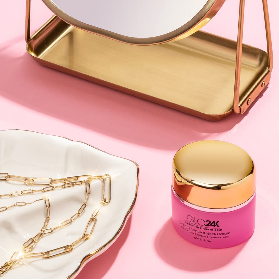 Crema de colágeno para rostro y cuello GLO24K con oro de 24k, colágeno y ácido hialurónico. Aumente los niveles de colágeno de su piel para una piel radiante y resplandeciente.