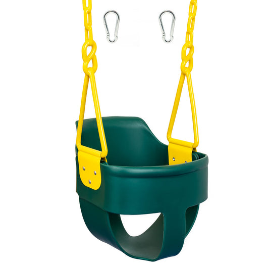 Asiento Oscilante de Alta Calidad con Respaldo Alto para Niños Pequeños Verde con Cadenas Revestidas de Plástico y Mosquetones para Fácil Instalación