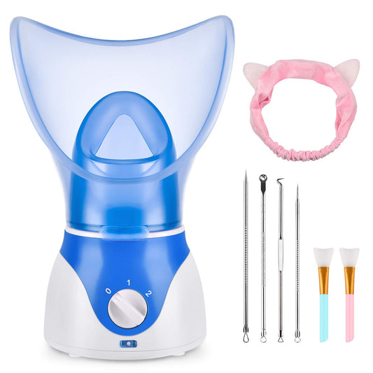 Vaporizador facial para limpieza profunda facial, vaporizador facial para mujer, 2 modos Nano Ionic para desatascar los poros, hidratar, azul (incluye kit de eliminación de puntos negros, cepillo, diadema)