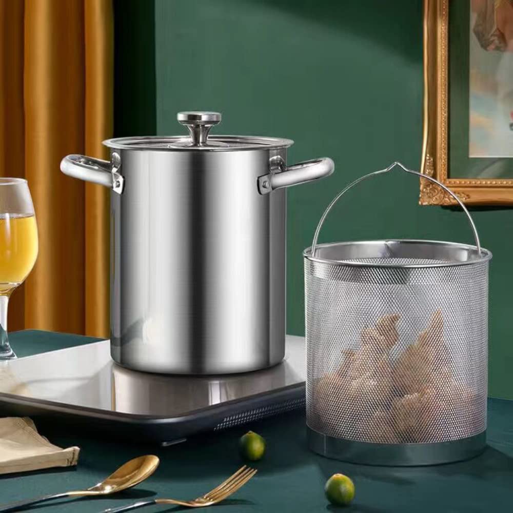 Freidora profunda de acero inoxidable 304 con cesta de colador de aceite y termómetro, olla de 168 onzas para freír tempura, papas fritas, pescado y pollo