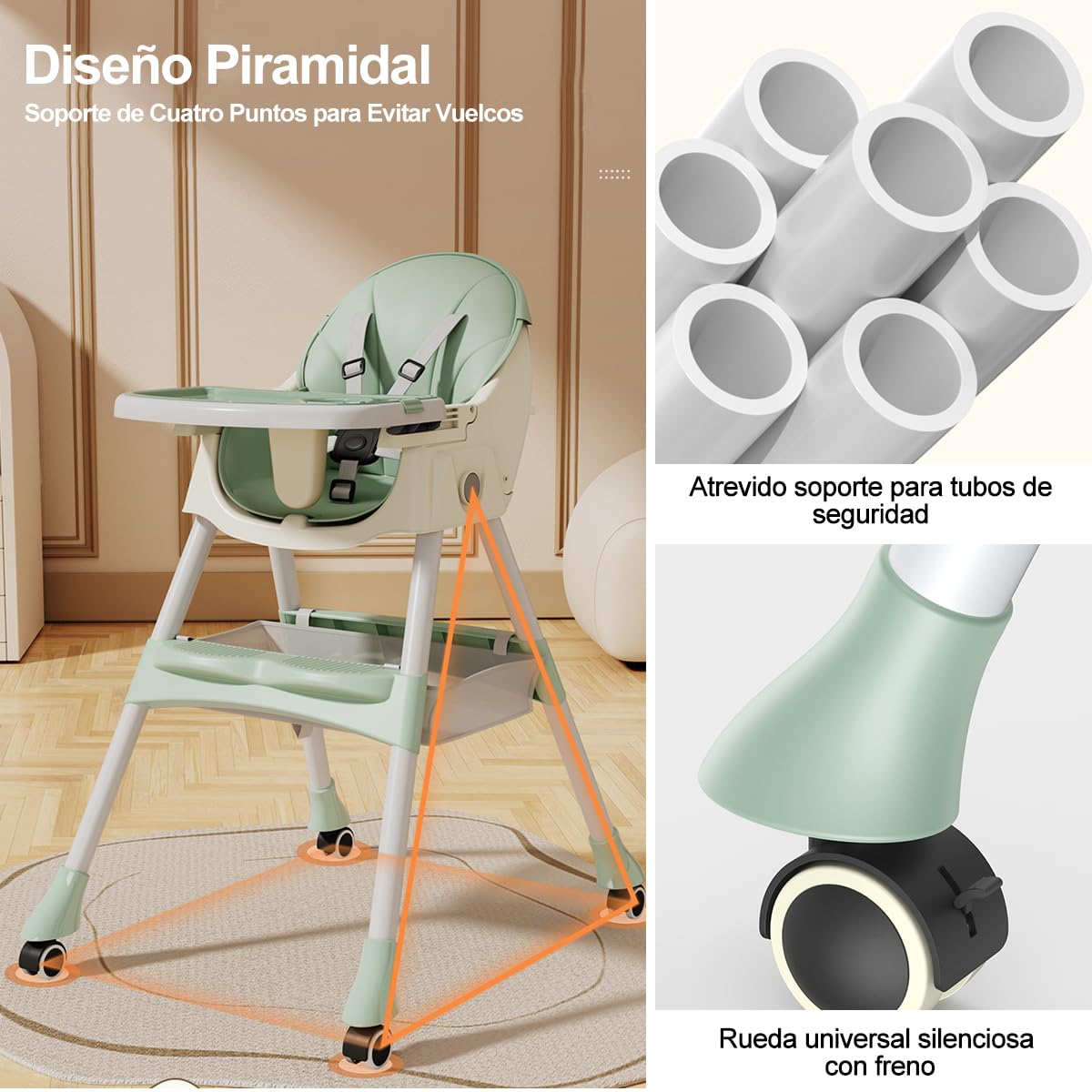 SLNXA Silla Alta para Bebé Multifuncional: Sillón y Mecedora en Uno con Ruedas Universales, Plato Llano Doble Extraíble, Cesta de Almacenamiento y Cojín de PU, Ajustable Plegable (Verde)