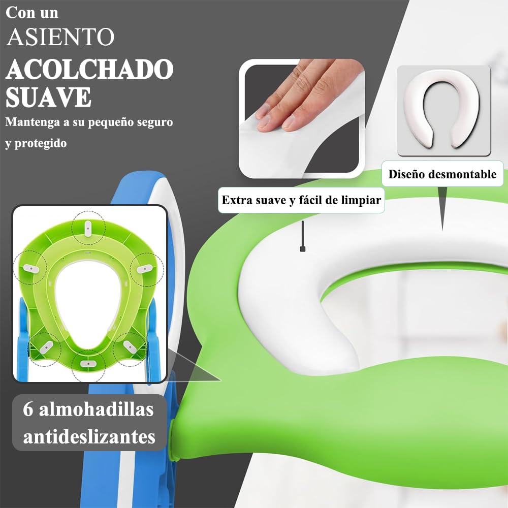 Baño Entrenador Niño, Asiento Entrenador para Baño con Tapizado y Escalera Antideslizante, Plegable Escalera para Baño Niños, Fácil de Guardar, Asiento Ergonómico, Edad de 3 a 10 Años, Verde Azulado