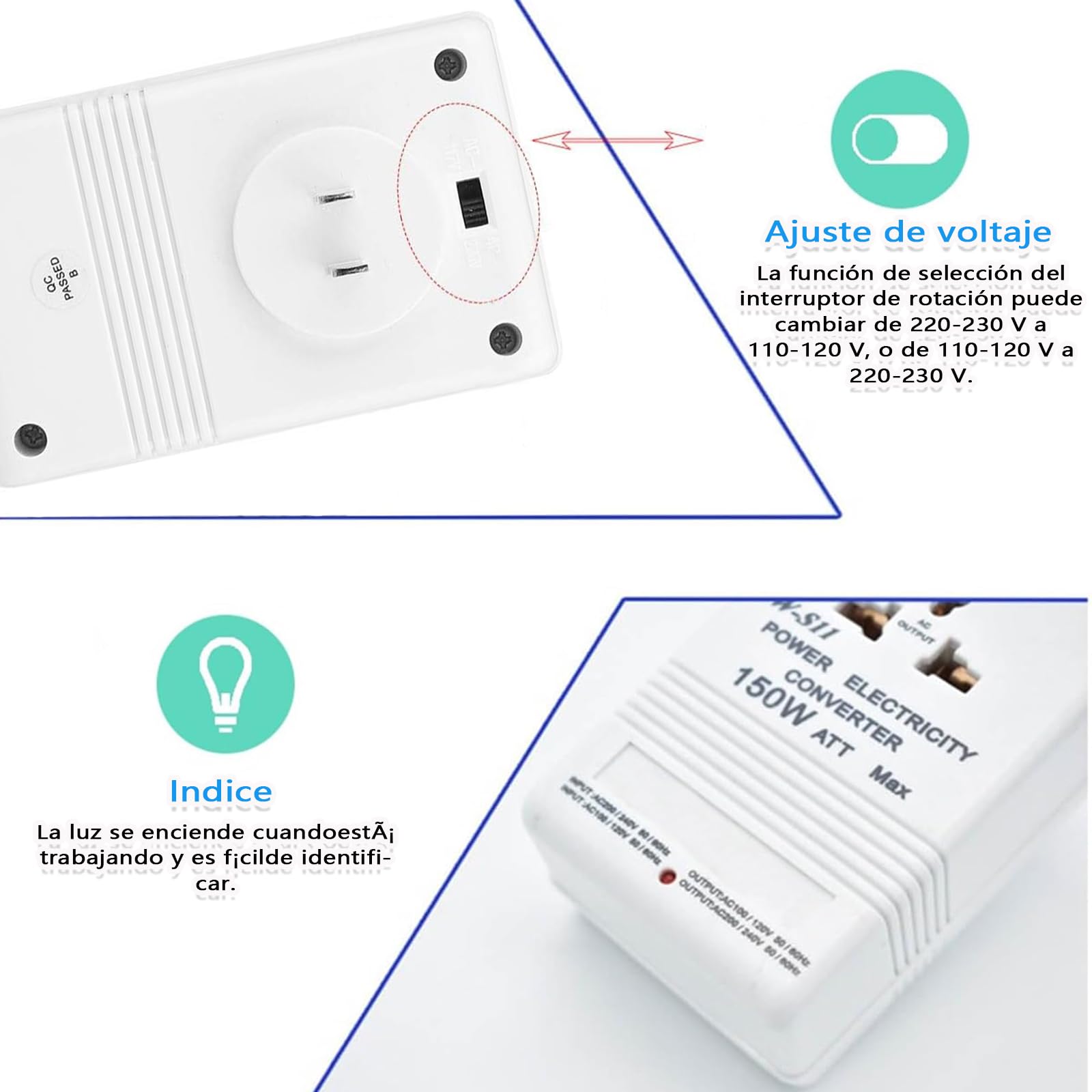 Convertidor de Voltaje 110 a 220,Adaptador Universal de Viaje de 150 W,Transformador Elevador y Reductor de Viaje de 110 V/120 V a 220 V/240 V, Adecuado para Canadá, Brasil, Japón, EE. UU. y Taiwán