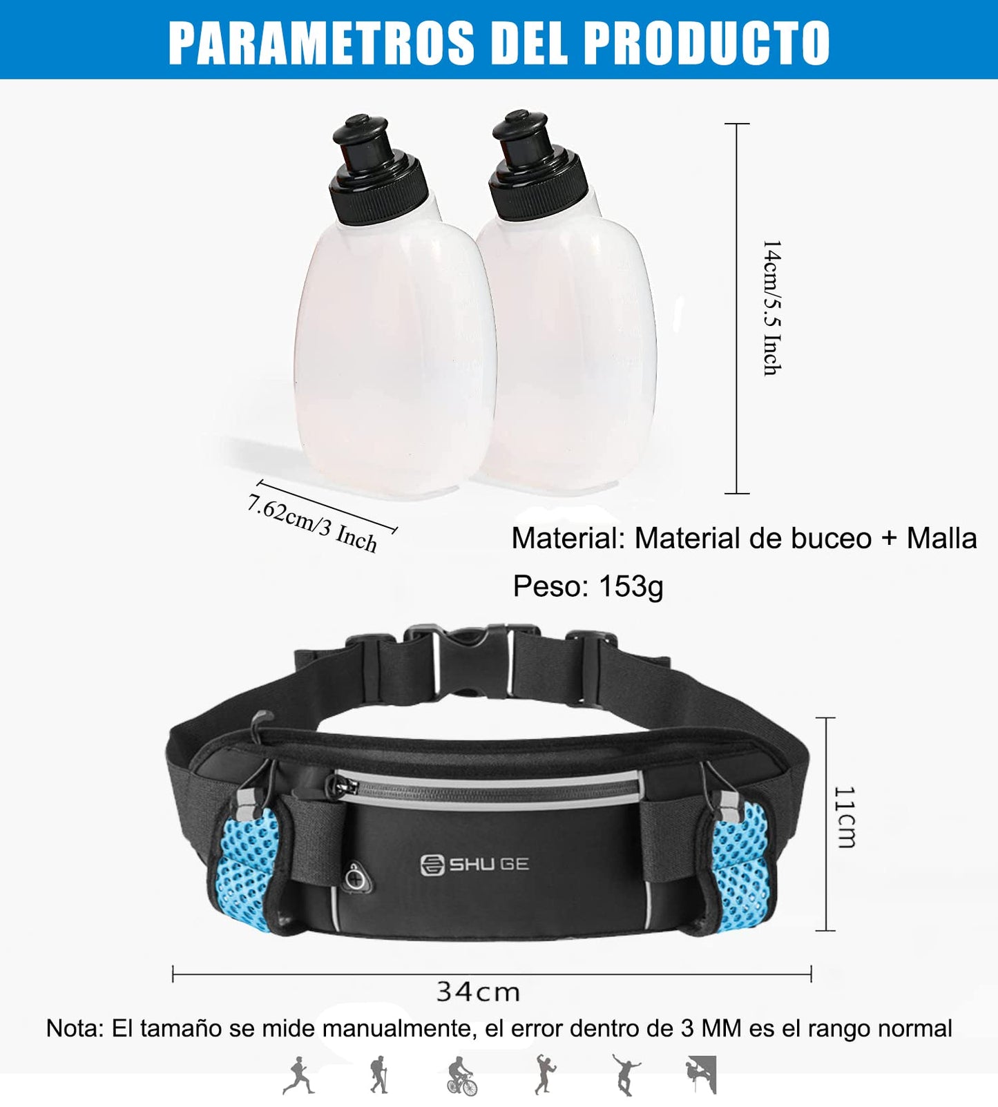 Cangurera Deportiva con Botellas de Agua Azul para Maratón y Correr