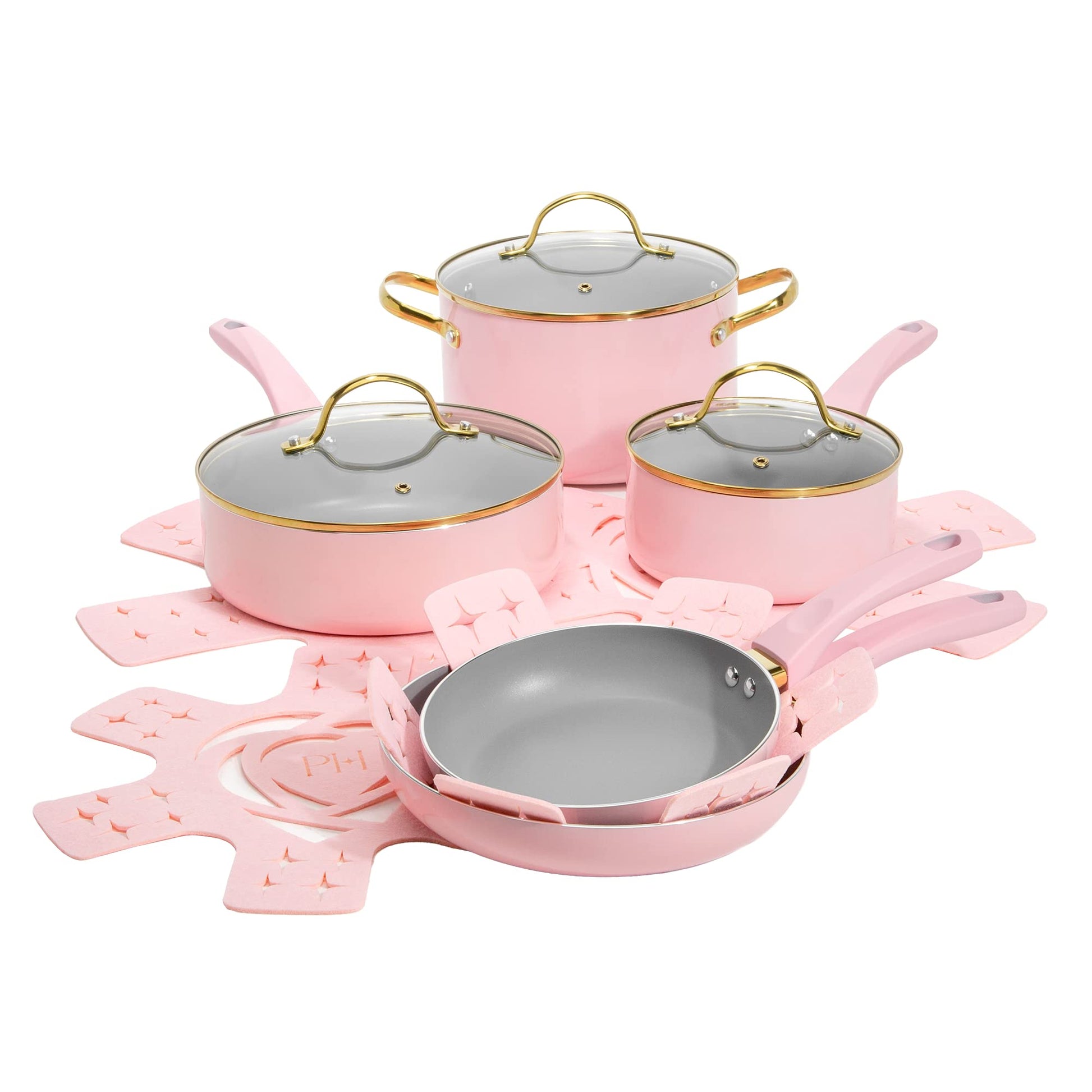 Paris Hilton Juego de utensilios de cocina con tapa de borde dorado, 12 piezas, rosa