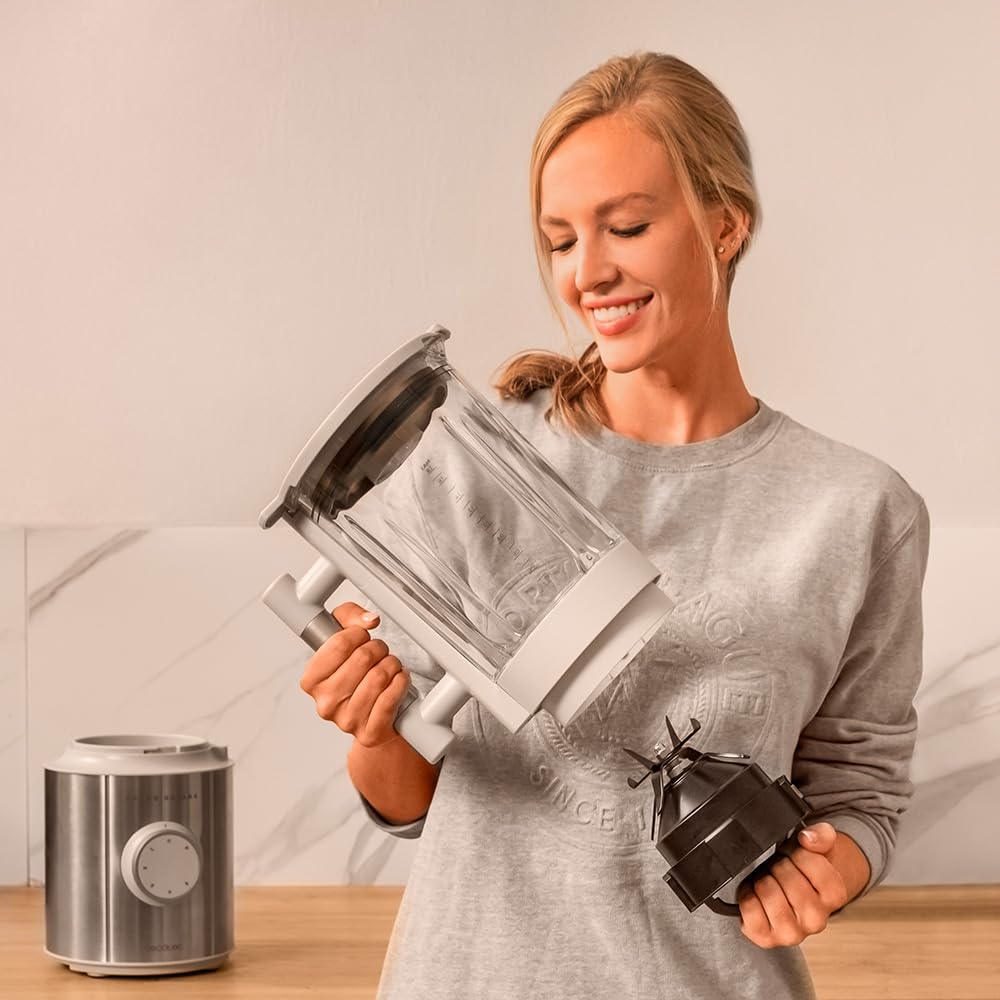 Cecotec Batidora de Vaso Power Black Titanium 1000 INOX. 1000 W, Cuerpo de Acero Inoxidable, Cuchilla de 6 Hojas con Recubrimiento de Titanio Negro, Jarra de Vidrio 1.5 L, 5 Velocidades