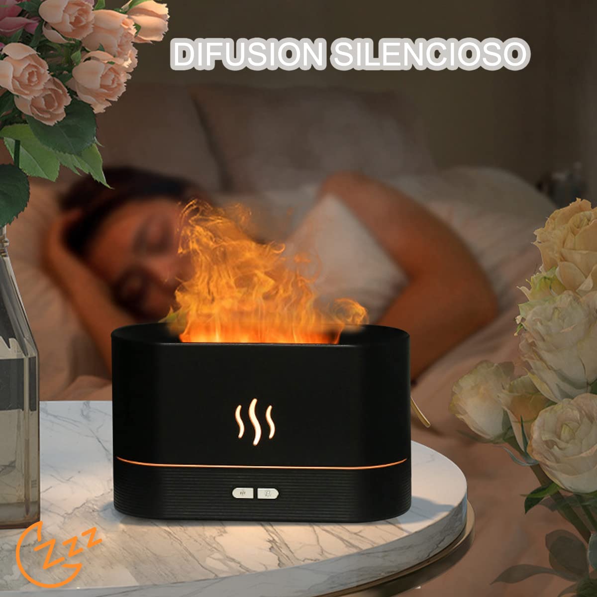 INGEQUIS Difusor de Lámpara Nocturna con Forma de Llamas, 2 Modos de Brillos Ajustables, Humidificación Silenciosa de 180ml, Lámpara Nocturna Decorativa (Negro-Cálido)