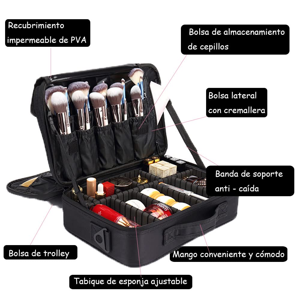 Bolsa de Maquillajede Viaje Estuche Organizador - Bolsa de Cosméticos Impermeable Portátil con Hombro Ajustable y Divisor Ajustable para Pinceles y Herramientas de Belleza (3 Layer, 34x23x12cm,Negro)