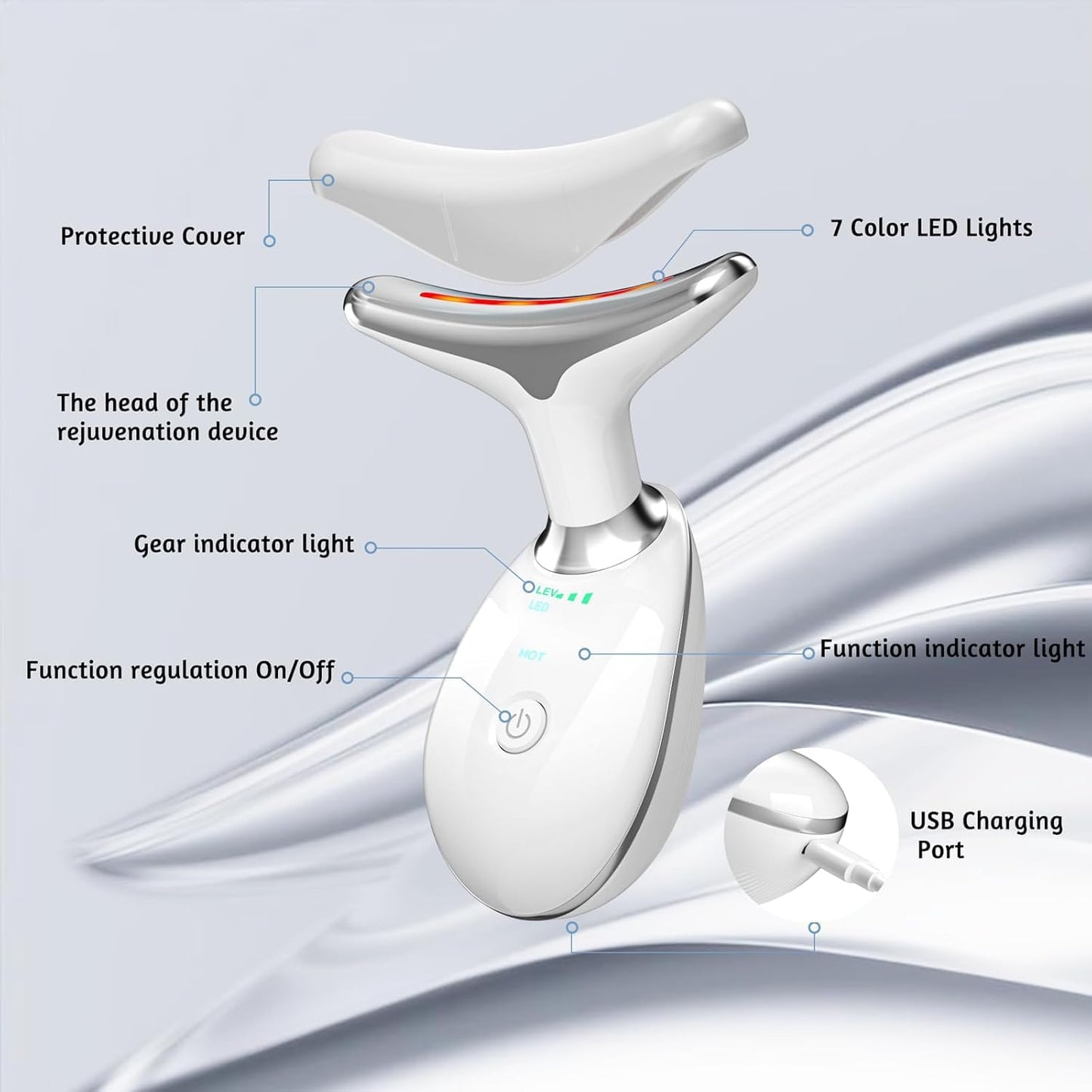 cotsoco Herramienta de masaje facial 7 en 1, terapia de luz roja para rostro y cuello, varita de terapia de luz roja, dispositivo de lifting facial para el cuidado de la piel, blanco