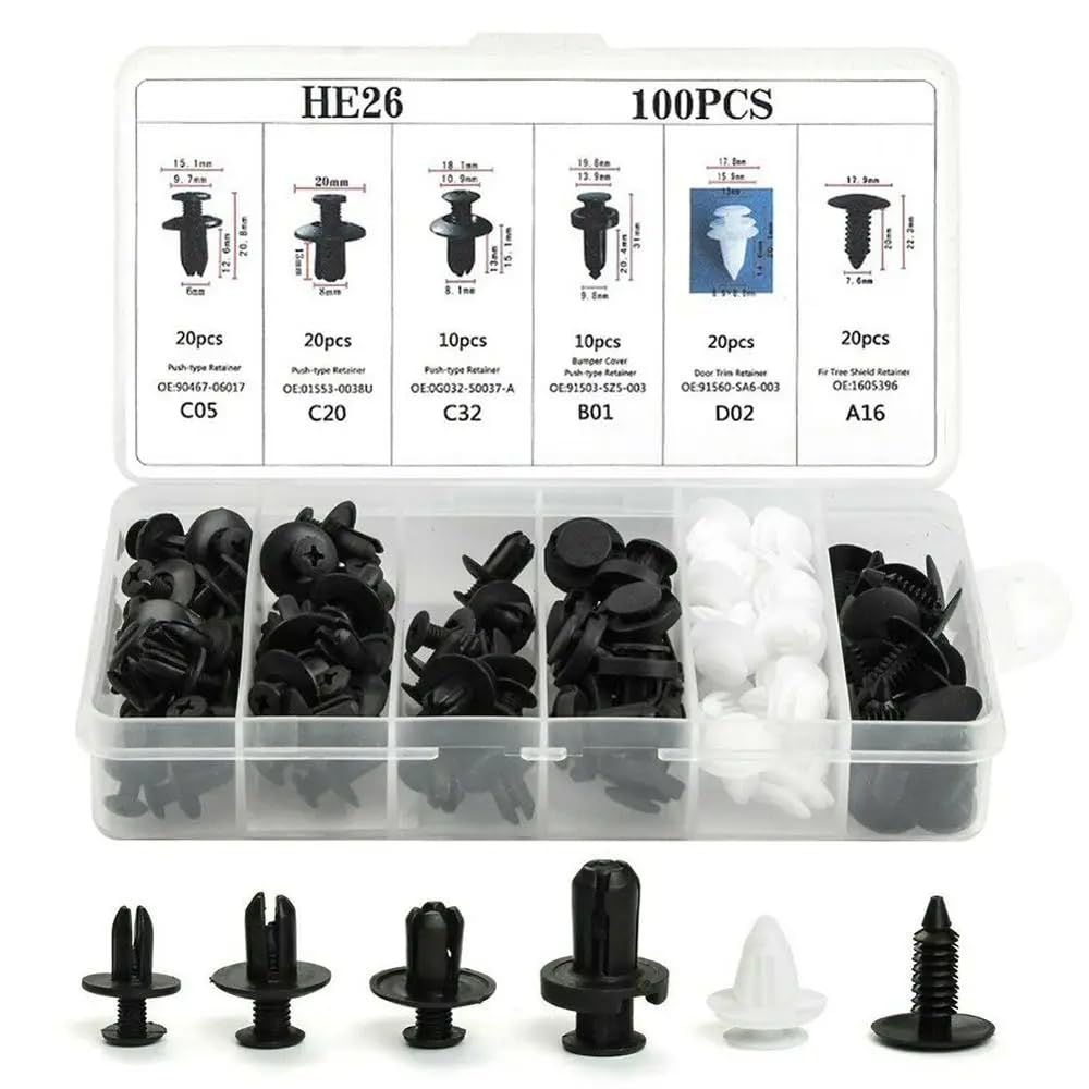 Grapa Remache Automotriz Universal Surtido con Estuche y Herramientas de Desmontaje Molduras Tablero Clips de Retenedores Coche Diversos Tamaños | 100 Pzs