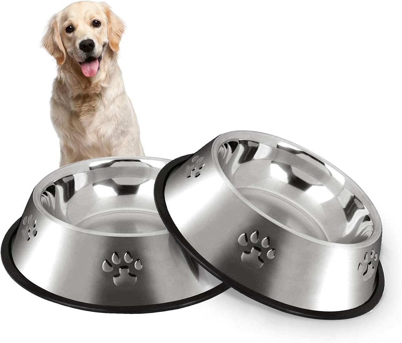 COOLKITALENT Comedero para Perro de Acero Inoxidable, Cuenco De Comida para Mascotas, Comedero y Bebedero Perro Antideslizante, para Perro Grande y Medianas, 2 Unidades, 26cm