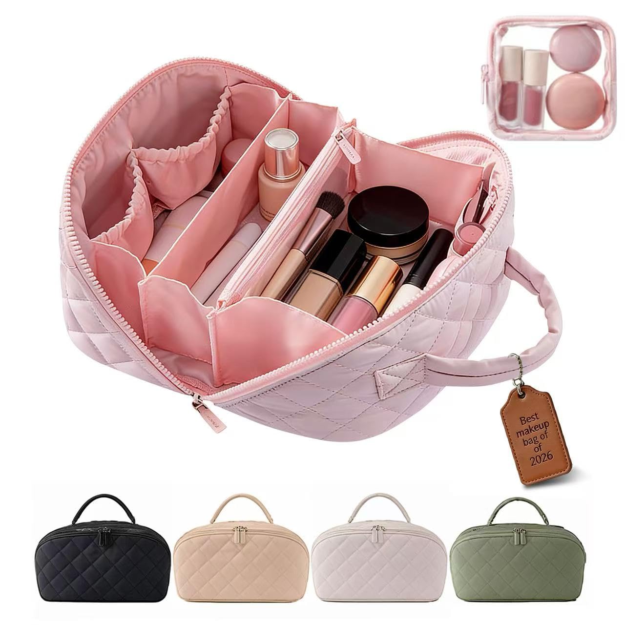 BQFLY - Bolsa de maquillaje plana para maquillaje de viaje que abre cosméticos - Juego de 3 bolsas lavables para mujer y ir - Estuche grande para mujer, color verde, para maquillaje My Parallel Bah