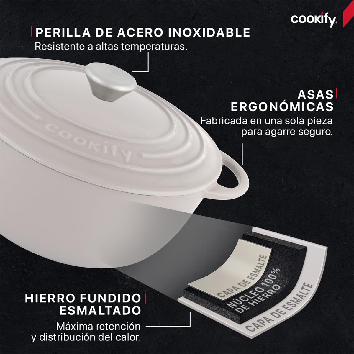 Cookify Olla de Hierro Fundido Esmaltado para Horno y Estufa, Horno Holandés Capacidad 4 Litros Dutch Oven (Taupe, 24.8 cm)