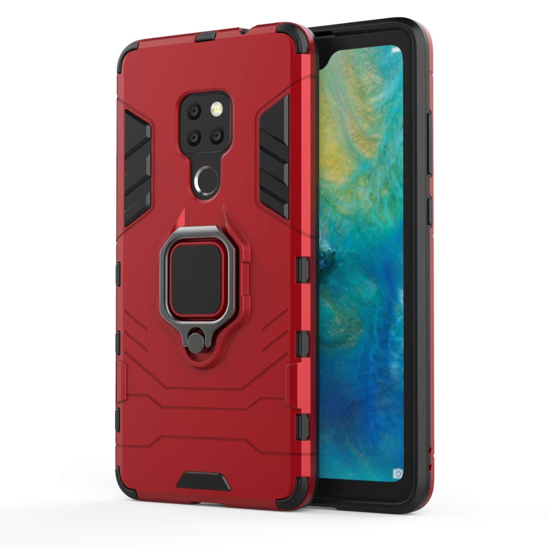 Compatible con Huawei Mate 20 Funda, Anillo Metálico Sujeción Soporte Antichoque Rígido Caja (Funciona con el Montaje de Coche Magnético) Doble Capa Sólido Case Carcasa para Huawei Mate 20 (Rojo)