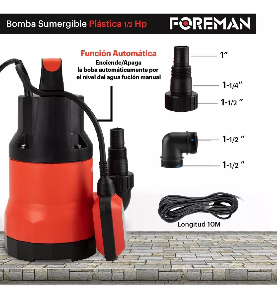Foreman Bomba Sumergible Plástica | Bomba de Agua Limpia Silencioso Para Fuentes, Pecera, Acuario, Jardín y Estanque | 1/2Hp 400w 120v | 120 Litros Per Minute | Negro/Rojo