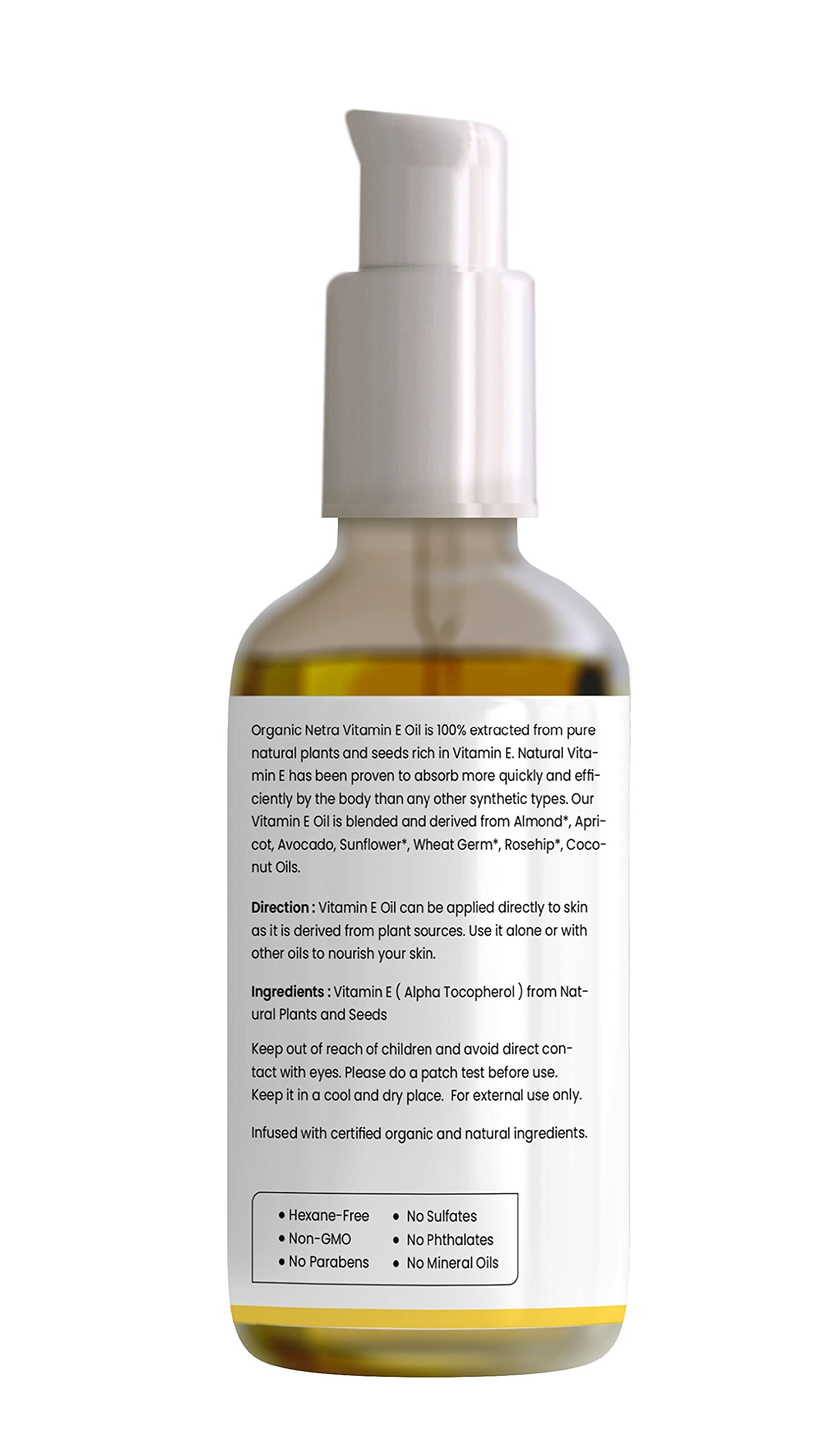Organic Netra 100% Pure Plant Based Vitamin E Oil For Radiant, Moisturized Youthful Skin for Men & Women, Reduces Scars, Stretch Marks, and Wrinkles, Helps in Hair Growth, 30ml