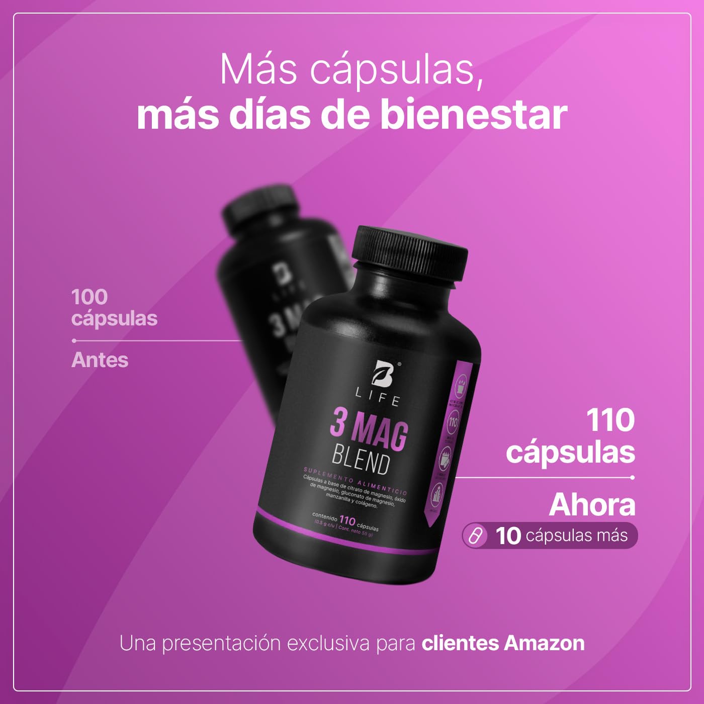 B Life Citrato, Óxido y Gluconato de Magnesio 500 mg | 110 Cápsulas | Alta absorción | Ingredientes Naturales | 3 Mag Blend.