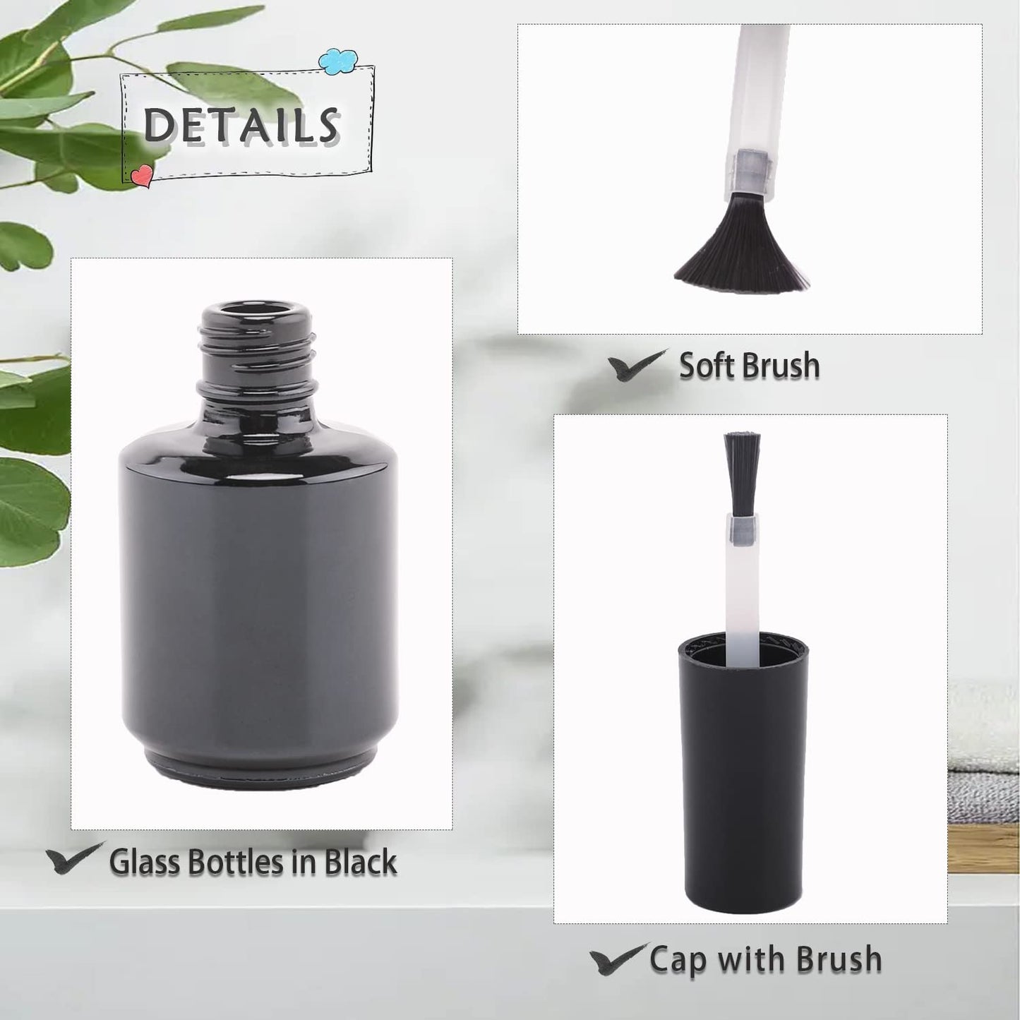 Botellas vacías de esmalte de uñas de gel, botellas de esmalte de uñas vacías de 15 ml con cepillo para polvo negro mate, botellas de esmalte de uñas redondas opacas, aptas para los rayos UV, con