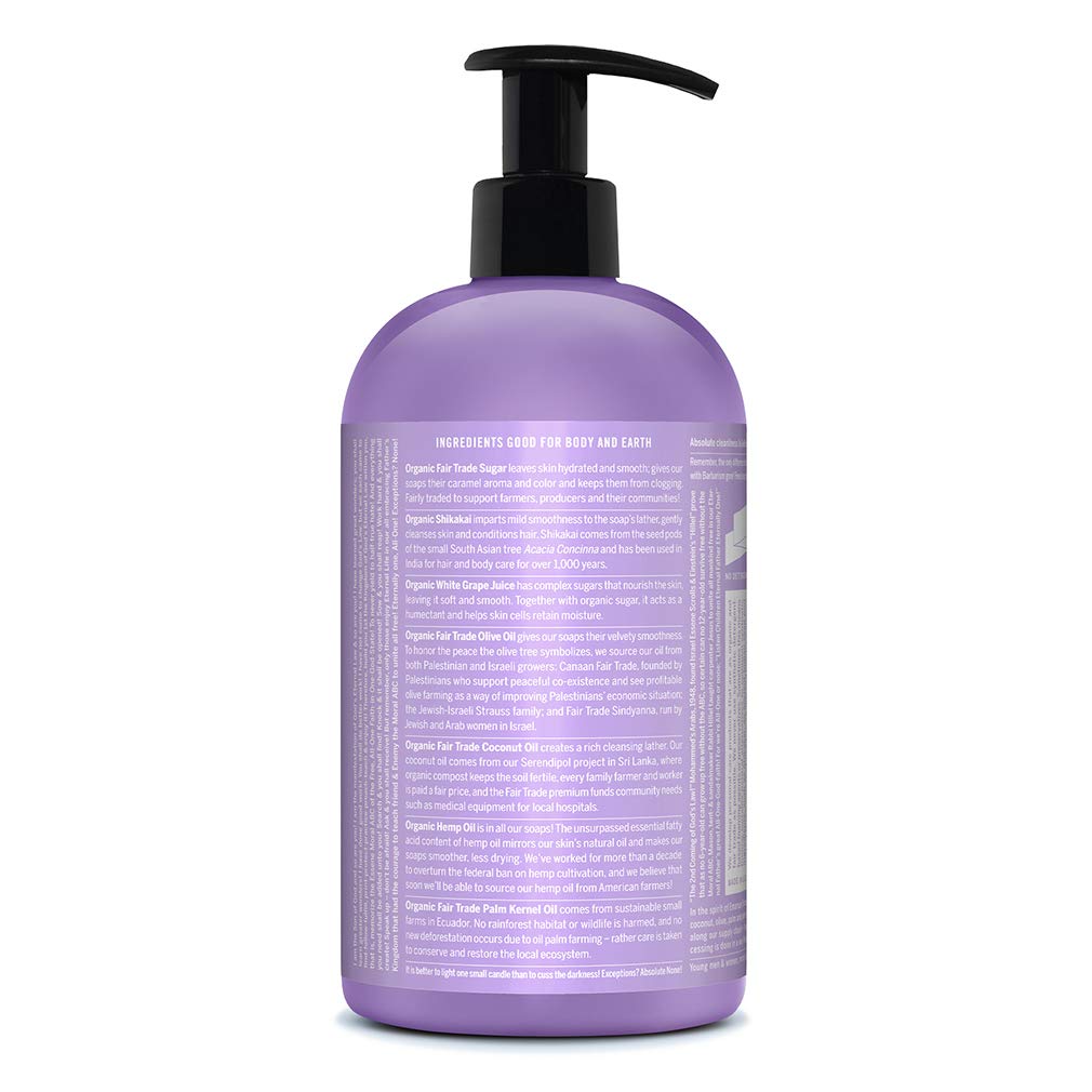 Dr. Bronner's | Jabón líquido de azúcar orgánico, hidratante y nutritivo, para manos, cuerpo, rostro y cabello; certificado vegano - Lavanda, 710 ml