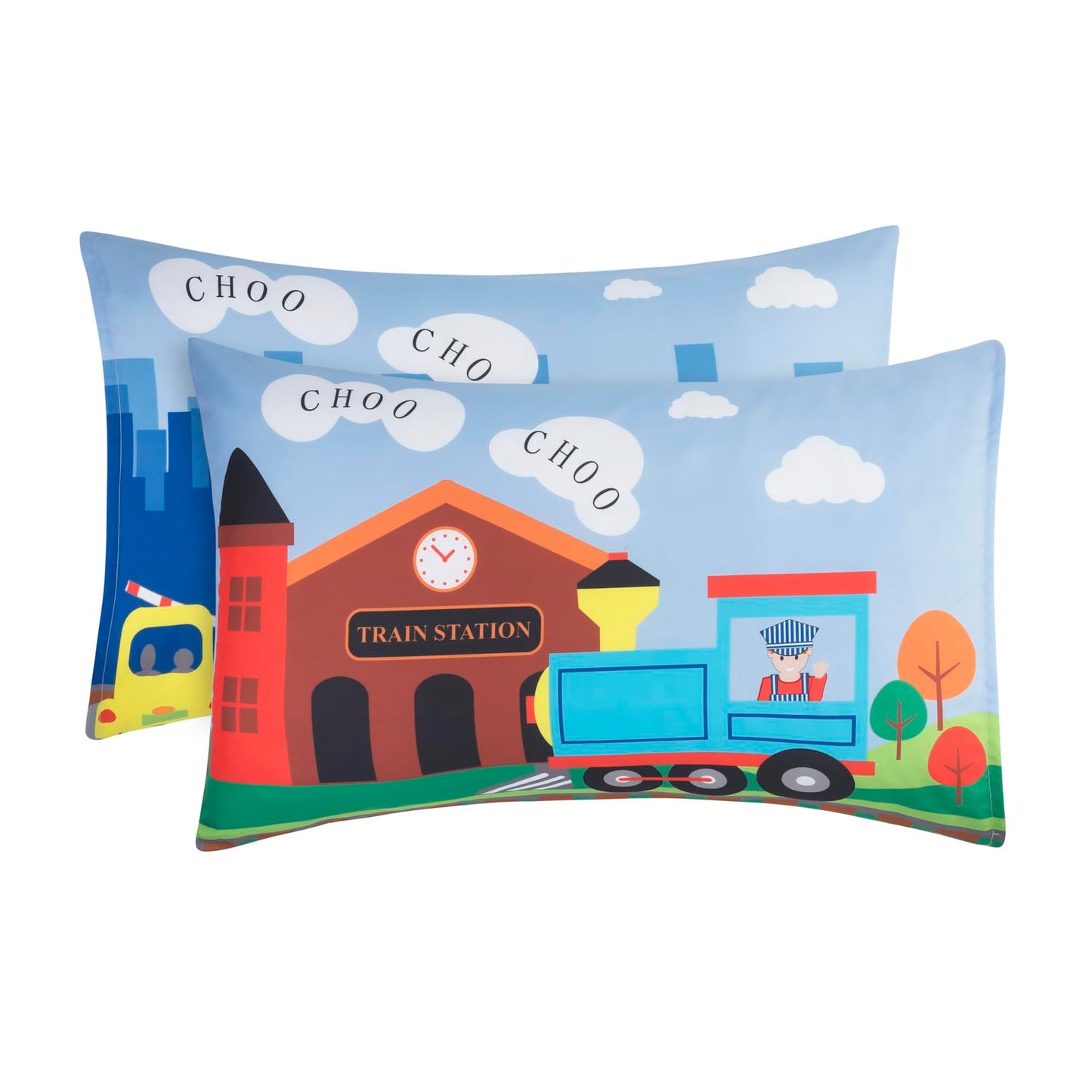 Juego de sábanas ajustables y fundas de almohada para niños pequeños, Choo Choo Train, juego de sábanas de microfibra suave y transpirable