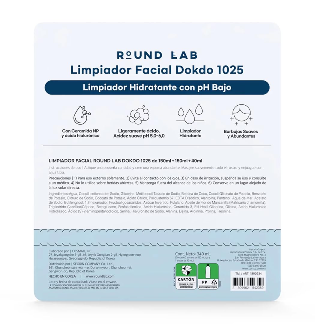 Round Lab 1025 Dokdo Cleanser Limpiador Facial Hidratante con pH Bajo. Kit de 2 de 150 ml + 1 de 40 ml