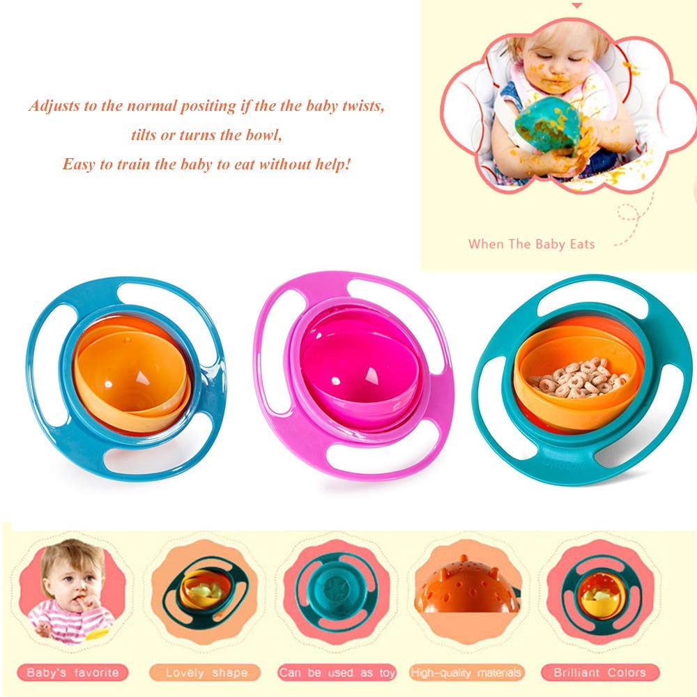 ESH7 Gyro Bowl Divertido Cuenco Giratorio de 360 Grados a Prueba de derrames con Tapa, Juguete para bebés y niños, Color Rosa