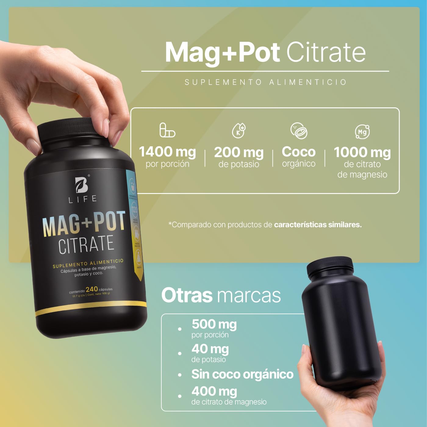 B Life Magnesio y Potasio | 240 Cápsulas | 1400 mg por porción | Adicionado con coco orgánico | Ingredientes naturales | Mag + Pot Citrate.